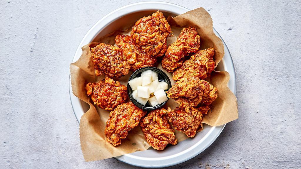 Authentic Soy Garlic Boneless Wings · Bell & Evans boneless chicken fried in our special olive oil blend and painted with our umami soy garlic sauce.