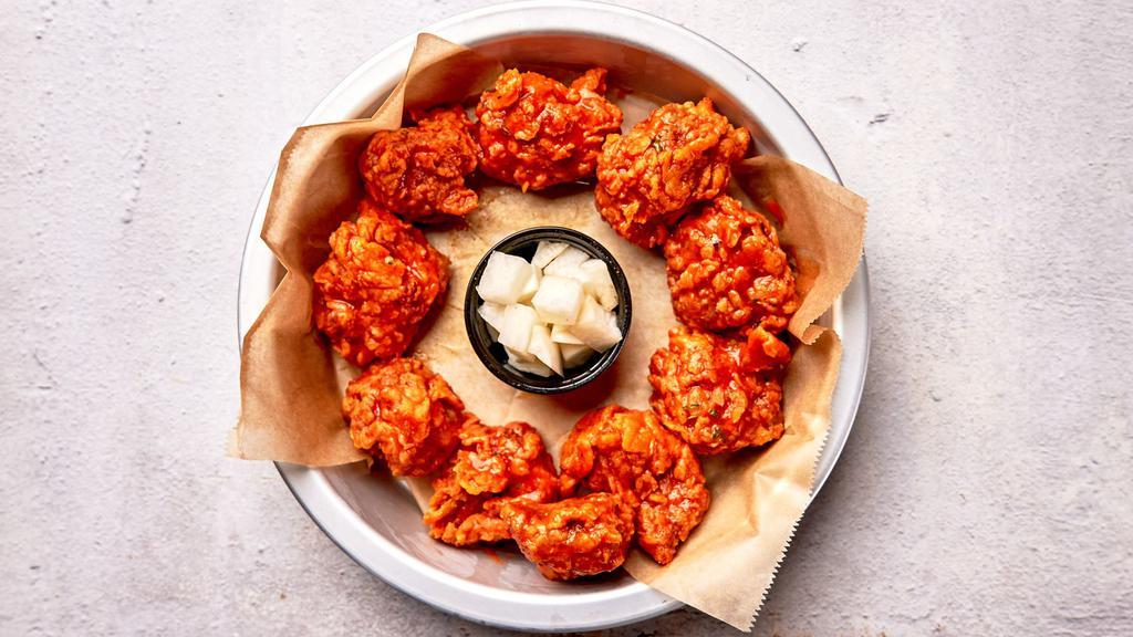 Original Buffalo Boneless Wings · Bell & Evans boneless chicken fried in our special olive oil blend and painted with our lip smacking buffalo sauce.