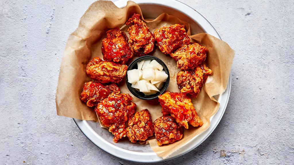 Sweet Thai Chili Boneless Wings · Bell & Evans boneless chicken fried in our special olive oil blend and painted with our umami soy garlic sauce.