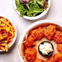 Boneless Wing Combo · 10 pc boneless wings in a flavor of your choice with sweet potato fries and side salad .