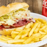 Pastrami Club Combo Hero With Fries And Free Can Soda  · Pastrami, swiss, tomato, lettuce, onions, and pepper. French fries. and free can soda