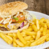 Cheeseburger Deluxe With Fries · Lettuce, tomato, mayo and ketchup. with french fries and free can soda