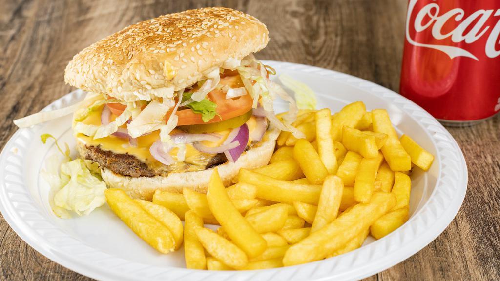 Cheeseburger Deluxe · Lettuce, tomato, mayo, and ketchup.with french fries and free can soda
