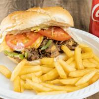Philly Cheesesteak With Fries And Free Can Soda Roll · and free can soda