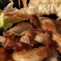 Chicken Teriyaki And Tempura Combo · Served with rice and salad.