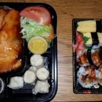 Salmon Teriyaki And Shumai Combo · Served with rice and salad.