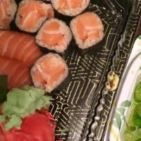Salmon Combo Lunch · 5 pieces of salmon sushi with salmon roll. Served with a side.
