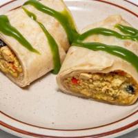 Breakfast Burritos: Veggie Or Bacon Or Sausage · Eggs, beans, Cheddar, and Monterey Jack cheese, onions, red and green peppers, green sauce a...