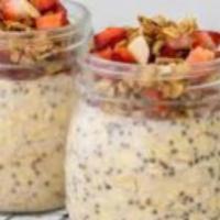 Overnight Oats · Whole grain oats, almond milk, chia seeds, and cinnamon with two different options. Peanut b...