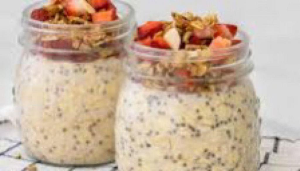 Overnight Oats · Whole grain oats, almond milk, chia seeds, and cinnamon with two different options. Peanut butter banana or Cranberry honey.