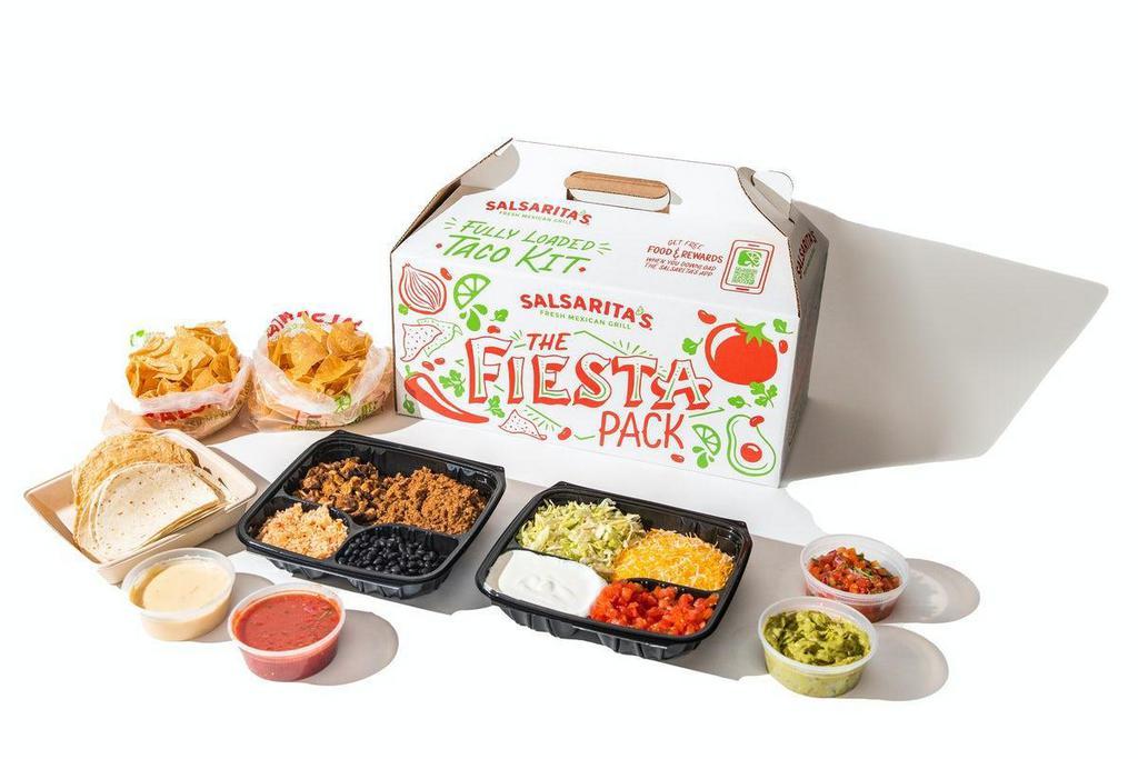 Family Fiesta Pack Deluxe · Make your own taco pack for 5. Includes rice, beans, protein, toppings plus queso, guacamole. Comes with chips & salsa..