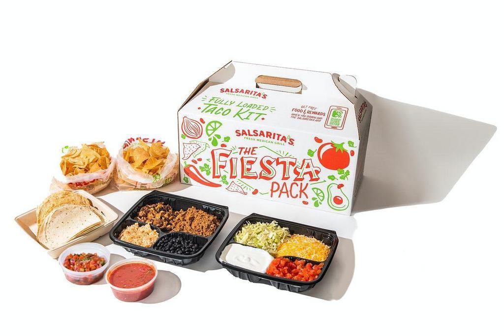 Family Fiesta Pack · Make your own taco pack for 5. Includes rice, beans, protein & toppings.. Comes with chips & salsa.