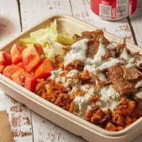 Combo (Chicken And Beef Gyro) Platter · Combo of chicken and beef gyro platter, served with your choice of sauce.
