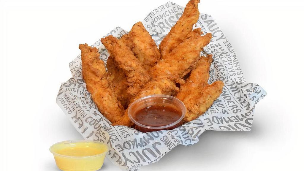 10 Crispy Tenders · Crispy tenders with choice of signature sauces. Hand breaded tenders. Short for tenderloins. Not strips. Not fingers