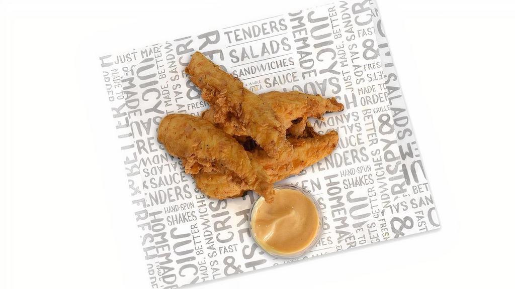 4 Crispy Tenders · Crispy tenders with choice of signature sauces. Hand breaded tenders. Short for tenderloins. Not strips. Not fingers