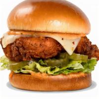 Jacked Spicy Chicken Sandwich · Chicken breast, spicy breading, pepper jack cheese, PDQ sauce, pickles, lettuce.