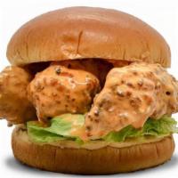 Big Buffy Bleu Sandwich · 3 crispy tenders tossed in buffalo bleu sauce, lettuce.