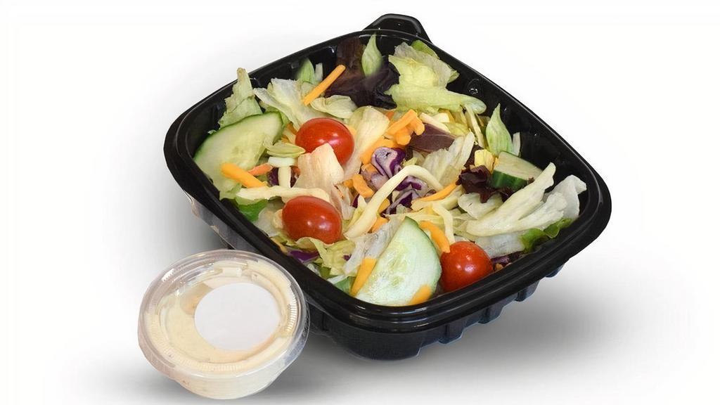 Side Garden Salad · Mixed greens, red cabbage and carrots, cheddar & jack cheeses, tomatoes, cucumbers and choice of dressing.