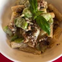 Rigatoni With Sausage Cream And Fava Beans. · Sausage Cream and fava beans.