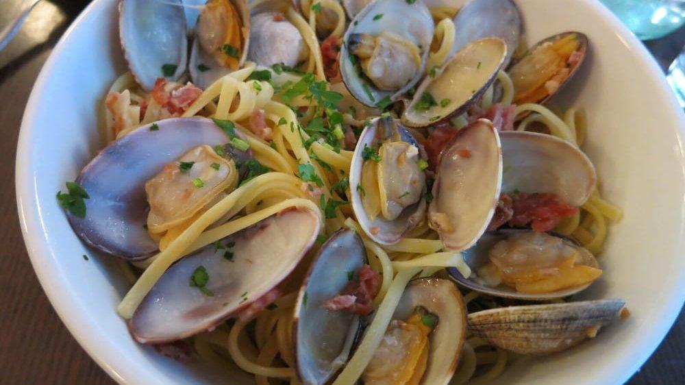 Linguini Fini With Baby Clams And Bacon · Served with baby clams.