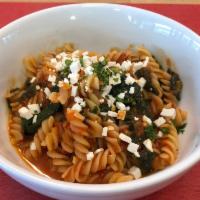 Fusilli  With Sauteed Spinach, Spicy Tomatoes Sauce And Ricotta Cheese. · Fusilli  with sauteed spinach, spicy tomatoes sauce and ricotta cheese.