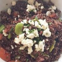 Quinoa Salad · Goat cheese, diced tomato and fava beans.
