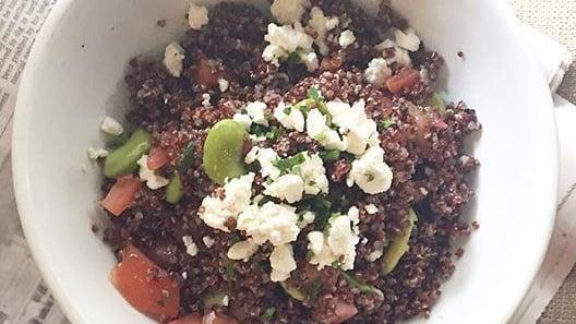 Quinoa Salad · Goat cheese, diced tomato and fava beans.