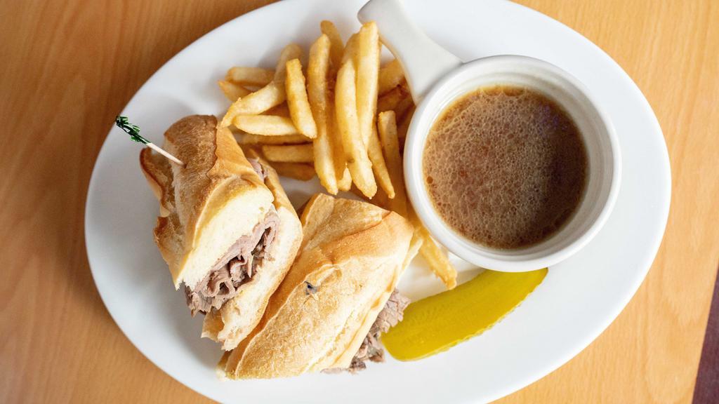 French Dip · Lean, tender roast beef on toasted baguette with au jus sauce