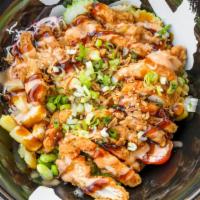 Chicken Karaage Bowl · Fried chicken, crab salad, edamame, tomato, cucumber, corn, pineapple, spicy mayo, sweet soy...