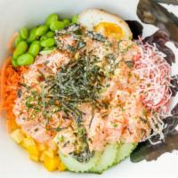 Salmon Bowl · Salmon, mix ins (tofu, green onion, seaweed, fish egg), crab salad, cucumber, mango, carrot,...