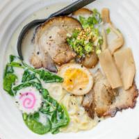 Tonkotsu Ramen · Creamy Pork Broth, Chashu, Egg, Fish Cake, Spinach, Bamboo Shoot, Green Onion, Garlic