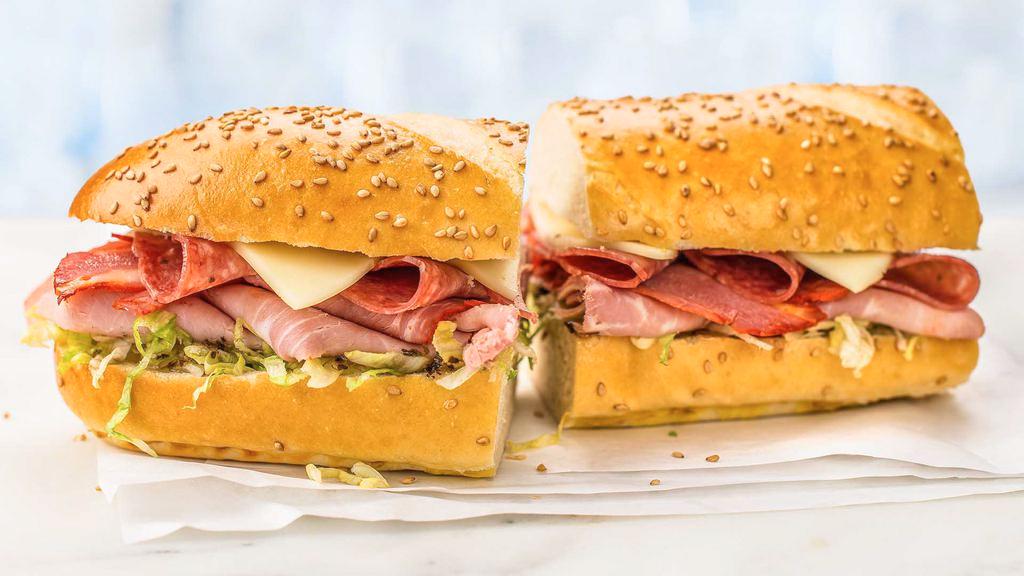 Danny'S Favorite · Thinly sliced salami, capicola, and spicy ham with provolone cheese, shredded lettuce, and our signature oil served on our traditional sesame seeded sub roll.