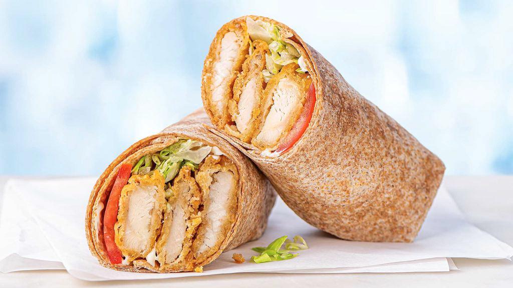 Chicken Tender Wrap · Juicy plain breaded chicken tenders, served hot, with mayonnaise, fresh shredded lettuce, and tomatoes in a wheat wrap.