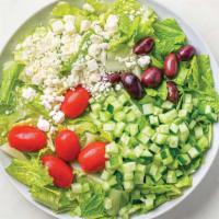 Large Greek Santorini Salad · Fresh romaine with seedless cucumbers, kalamata olives, grape tomatoes, feta cheese, and Gre...