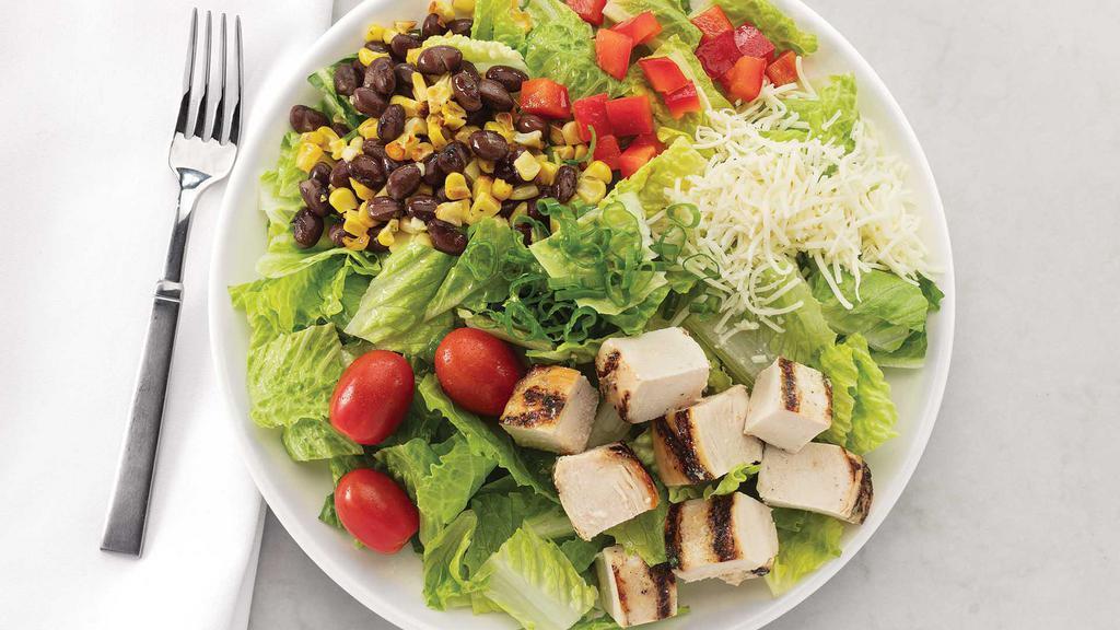 Large Southwest Salad With Chicken · Fresh romaine with grilled lemon garlic chicken, black beans, grape tomatoes, roasted corn, shredded Monterey Jack cheese, red bell peppers, scallions, and Buttermilk Ranch Dressing.