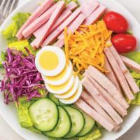 Large Chef'S Salad · Fresh romaine tossed with 97% fat-free ham, 98% fat-free turkey, cucumber, hardboiled egg, g...