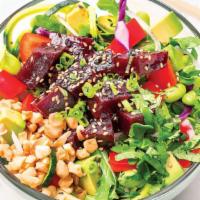 Beet & Macadamia Poke Salad · Cooked beets, red cabbage, and avocado with sweet & spicy poke sauce, macadamia nuts, cilant...