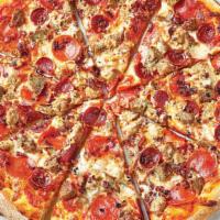 Meat Lover'S Pizza · Seasoned tomato sauce, shredded mozzarella, regular and spicy cup pepperoni, sausage, meatba...