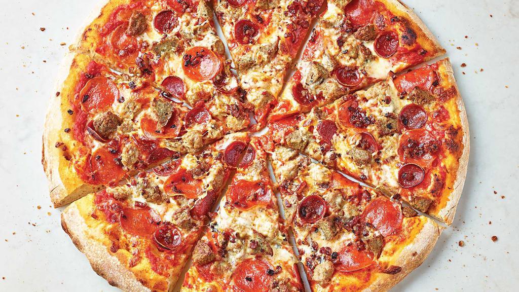 Meat Lover'S Pizza · Seasoned tomato sauce, shredded mozzarella, regular and spicy cup pepperoni, sausage, meatballs, and bacon on our signature crust made with Italian flour. Hot & ready to enjoy!