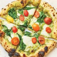 Pesto, Tomato & Spinach Pizza · Baby spinach, tomatoes, mozzarella, and creamy basil pesto on our signature crust made with ...