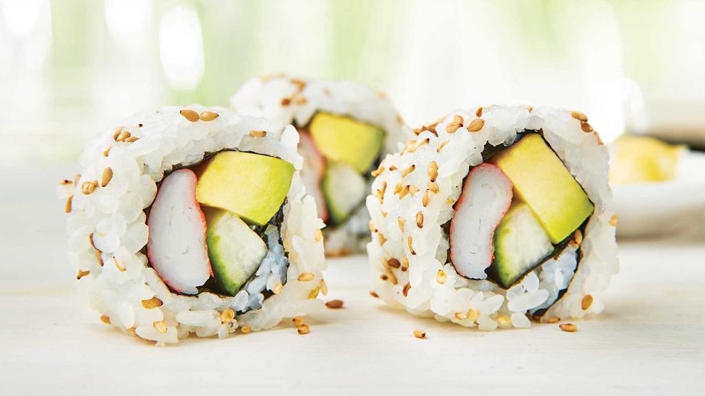 California Roll · Fresh avocado, cucumber and Kanikama made from sustainable pollock, finished with toasted sesame seeds. 8-pc.