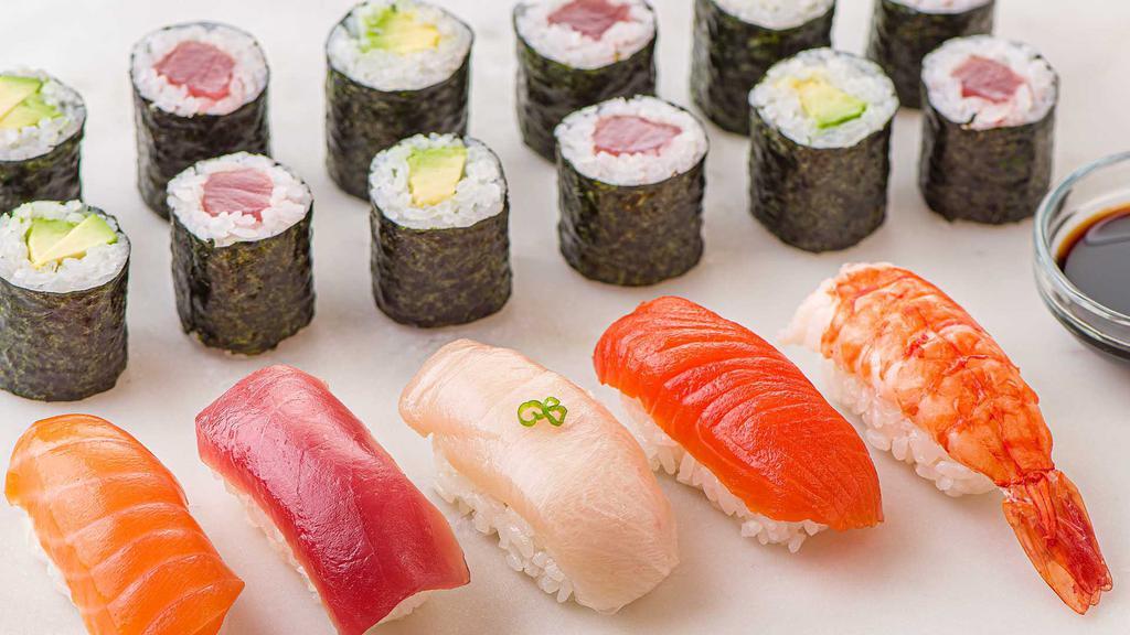 Atlantic Combo · Tuna, King Salmon, Yellowtail, and shrimp Nigiri (4-pc) paired with a Tuna Roll (6-pc) and King Salmon Roll (6-pc). Substitutions may occur based on availability..