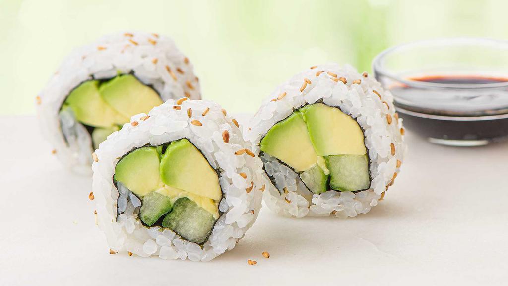 Avocado Cucumber Roll · Buttery avocado and crisp cucumber topped with toasted sesame seeds. 8-pc.