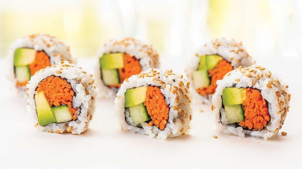 Vegetable Roll · Sweet blanched carrot, buttery avocado, crisp cucumber, sushi rice, and toasted sesame seeds. 8-pc.