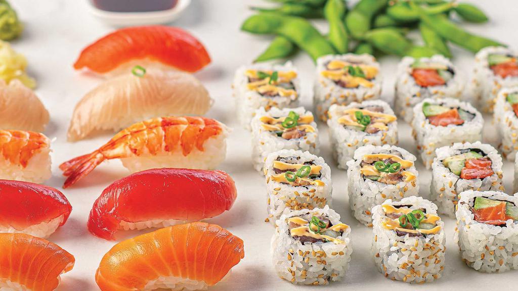 Sushi Lover'S Family Pack - 25 Pieces · The perfect combo of sushi favorites: Spicy Tuna Roll, King Salmon California Roll, 9-pc Assorted Nigiri, and Edamame (2.5 oz).