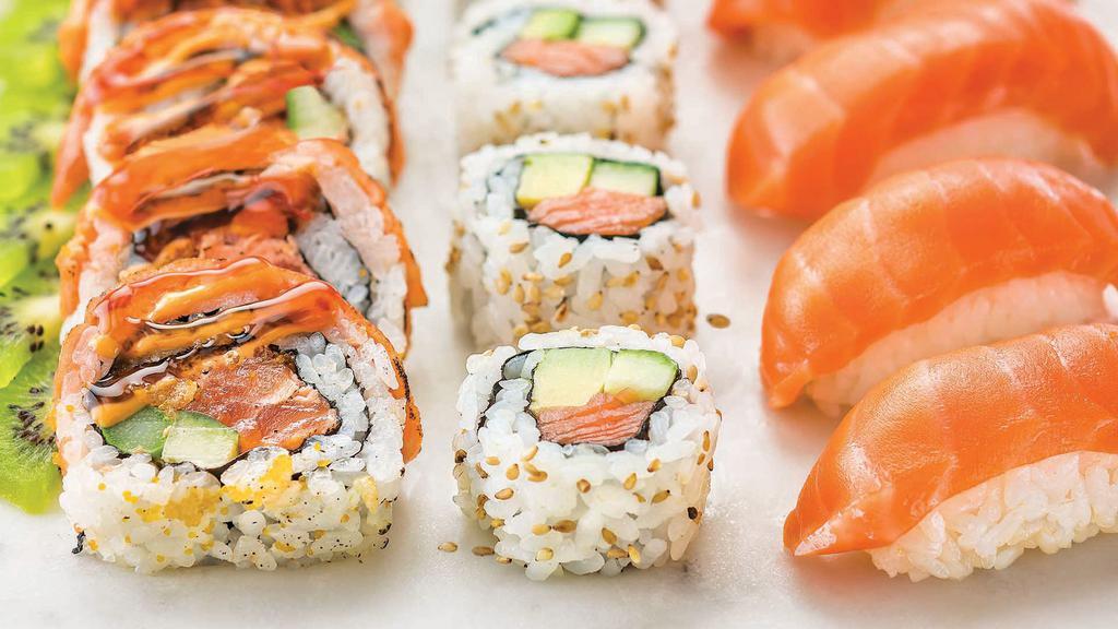 King Salmon Family Pack - 22 Pieces · This fresh assortment includes King Salmon Nigiri (8-pc), a King Salmon California Roll (8-pc), and Kiwi King Salmon Roll (6-pc) made with white rice.