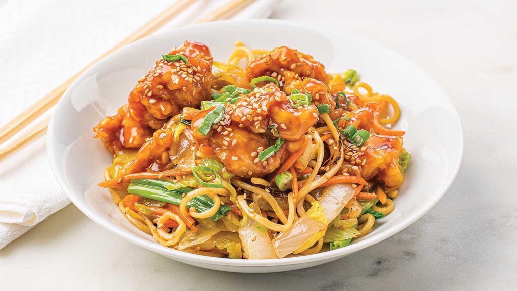 Sesame Chicken With Lo Mein Bowl · Ready to heat, our stir-fried chicken is tossed with our savory Ginger Sesame sauce and served with vegetable lo mein noodles.  Heating instructions: microwave 2.5 minutes on high.