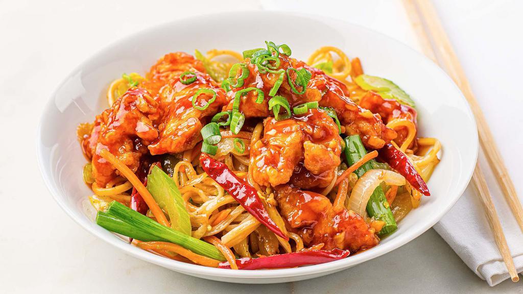 Spicy General Tso'S Chicken With Lo Mein · Ready to heat, our stir-fried chicken is tossed with our spicy General Tso’s sauce and chilies and served with vegetable lo mein noodles. Heating instructions: microwave 2.5 minutes on high.