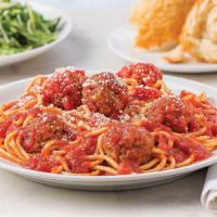 Spaghetti And Meatballs · Ready to heat, our spaghetti in seasoned tomato sauce is served with savory beef meatballs, ...