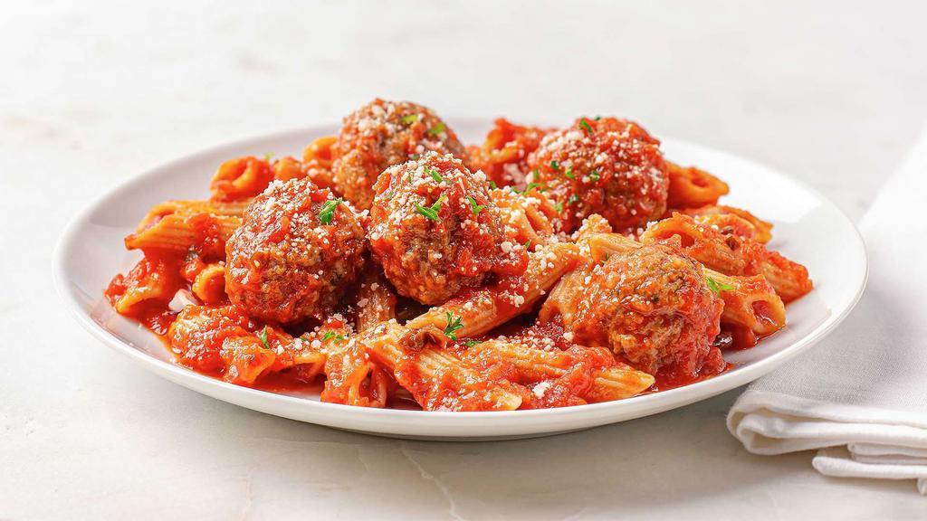 Made With No Gluten-Containing Ingredients Brown Rice Penne With Meatballs · Ready to heat, our delicious brown rice penne pasta and meatballs, made with no gluten-containing ingredients, are tossed in seasoned tomato sauce and then sprinkled with grated Parmigiano Reggiano.